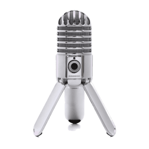 a silver microphone with a black background
